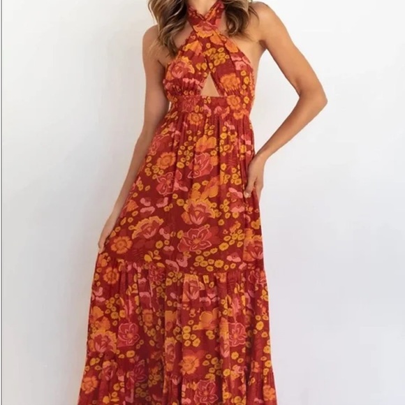 ZESICA Crossover Halter Neck Sleeveless Cut Out Backless Orangerust Floral Maxi - Picture 6 of 9